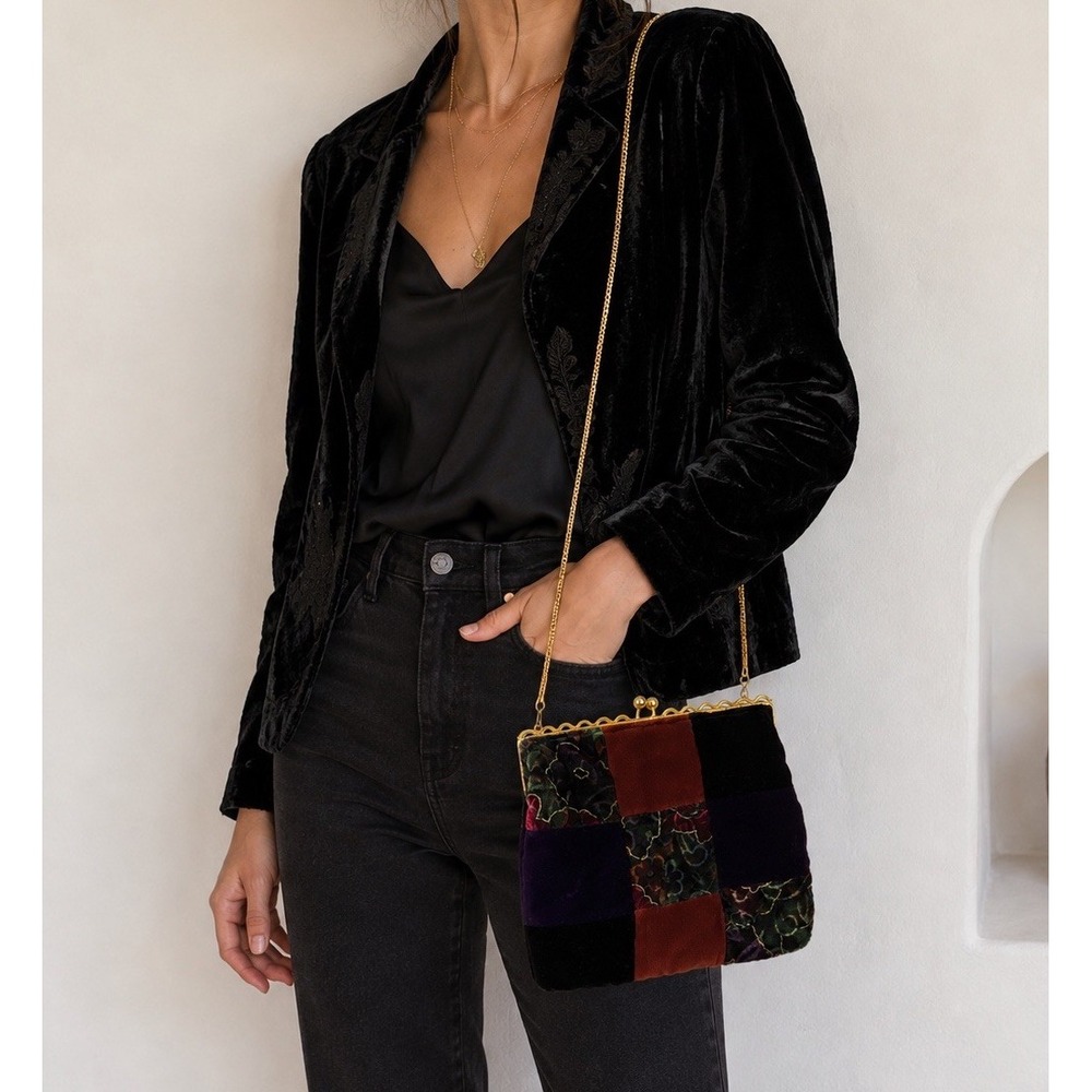 Vintage 90s Neiman Marcus Crushed Velvet Patchwork Kiss Lock Chain Shoulder Bag